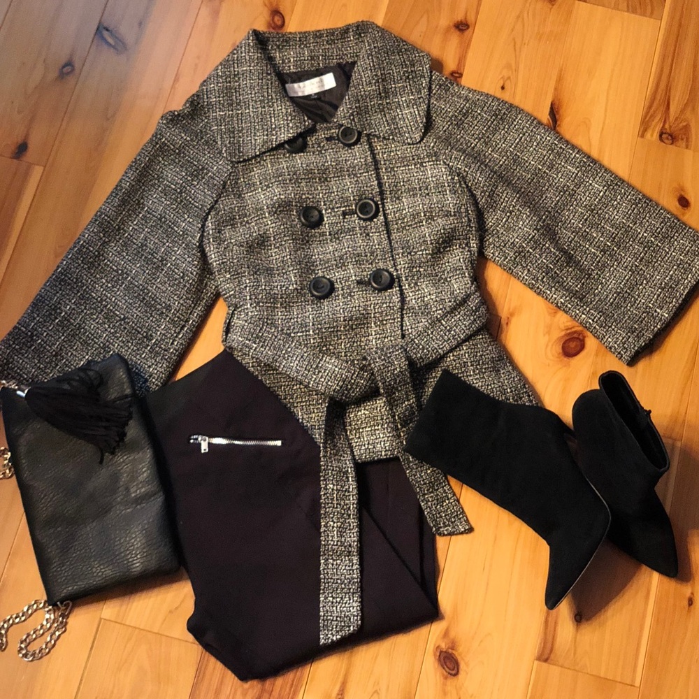 Tahari Double Breasted Belted Herringbone Blazer